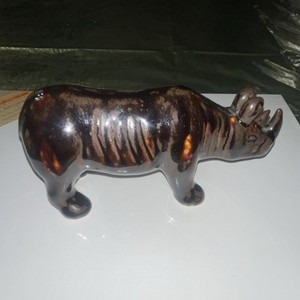 Handmade Ceramic Rhinoceros Figurine Brown Glazed Collectible 6 Inch