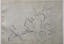 Antique Engraving Assyrian king in a chariot, hunting lions with a bow and arrow