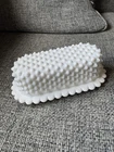Vintage Fenton Hobnail Milk Glass Covered Butter Dish With Scalloped Edge