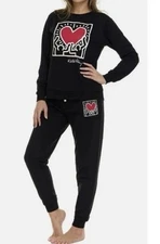 Keith Haring Soft Fleece Lounge Set Long Sleeve Crew & Joggers Black  S/M/L NWT