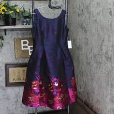 adrianna Papell Pockets Pleated Floral Jacquard Dress Navy Blue / Pink Multi 6