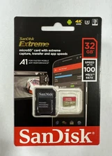 32GB SanDisk MicroSD with SD adapter 100Mbps transfer speed New in box, Unopened