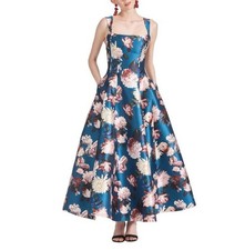 Sachin & Babi Audrey Floral Gown 8 Teal Satin Formal Wedding Spring Chic New