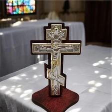Eastern Orthodox Cross Greek Russian Standing Crucifix Religious Icon Silver