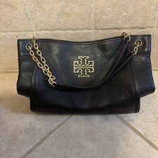 Tory Burch Black Pebbled Leather Shoulder Bag Gold Chain Strap Logo Accent