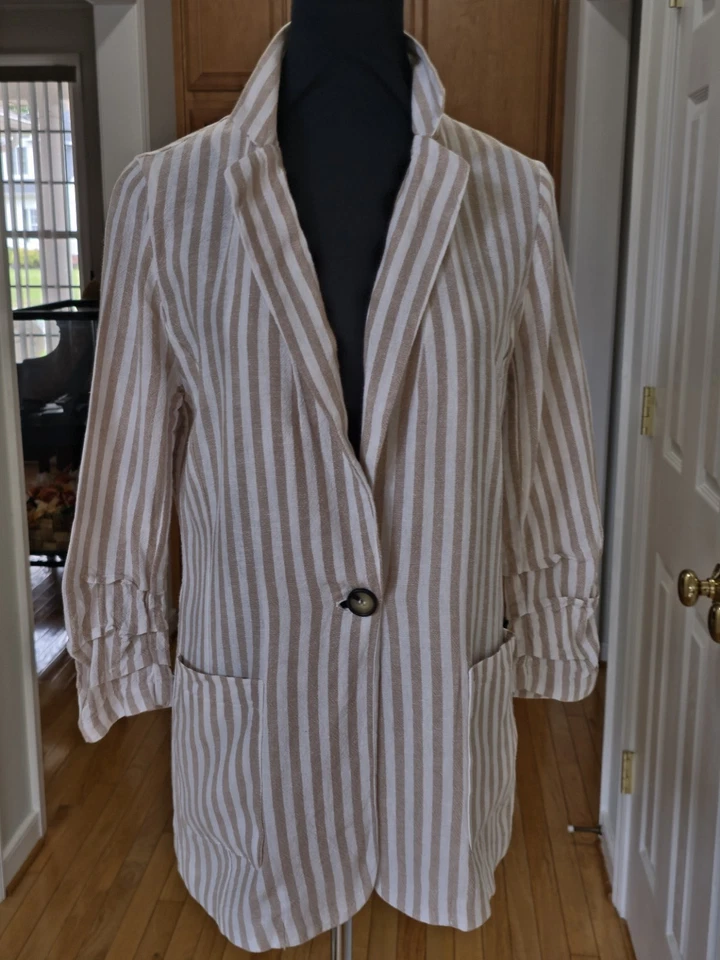 H Halston LINEN blend  jacket blazer beige stripe preppy for Travel Office SMALL - Image 4 of 4