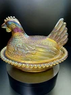 Vintage Iridescent Amber Indiana Glass Hen On Nest