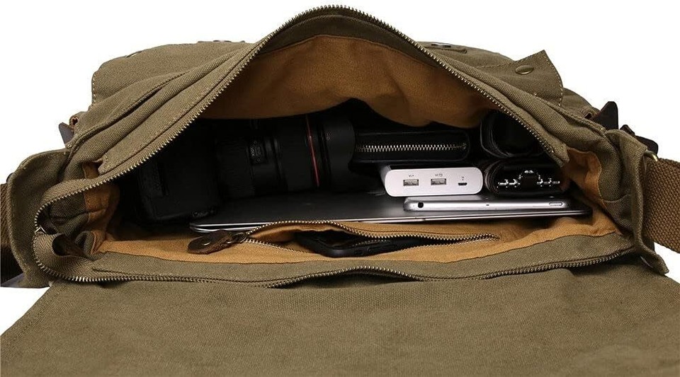 Vintage Military Leather Canvas Laptop Bag Messenger Bags Medium Travel