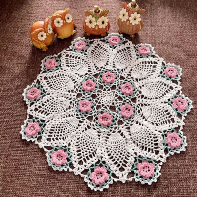 Vintage Hand Crochet Lace Doilies Round Table Mats - Set Of 23, Flower Pattern Beige