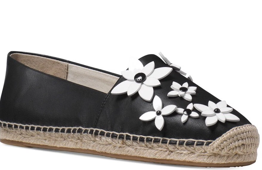 New Michael Kors Lola Kendrick Slip On floral leather Espadrille black flats