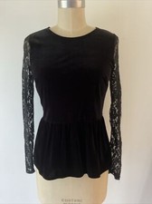 TOKITO Size 10 Black Velvet Stretch Top Long Lace Sleeves Elastic Waist 