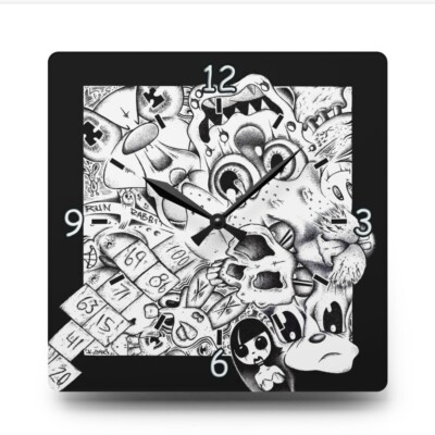 Custom Acrylic Square Clock with Koshir Black & White Character Collage Art 