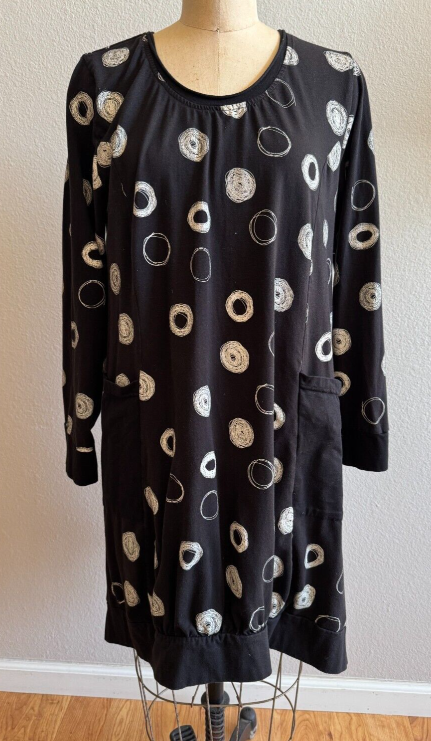 Snapdragon & Twig LAGENLOOK Dress Tunic Art To Wear Artsy Swirl Dot EUC Blk