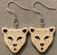 WHITE HOWLITE LEOPARD CAT FACE BEAD EARRINGS with SS Ear Wires CHEETAH JAGUAR