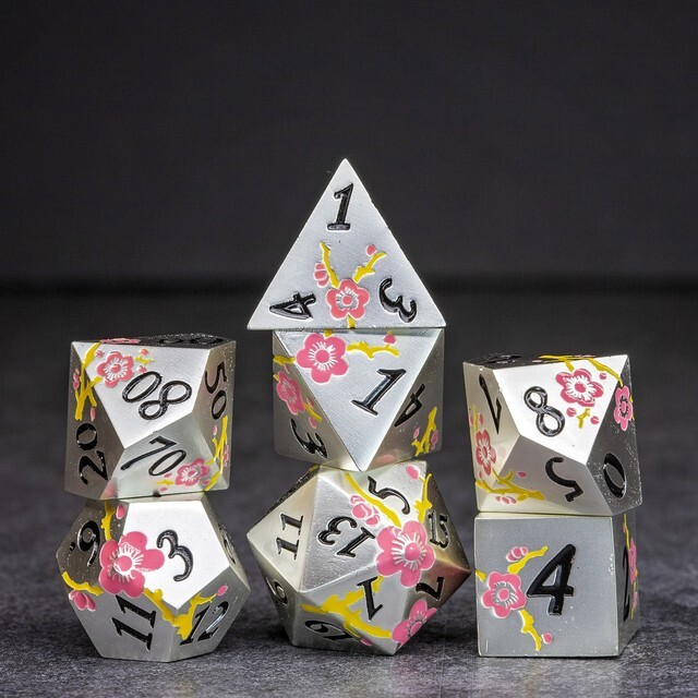 Sage's Petrified Flowers Silver Pink/Yel Flowers Metal Dice Set Dnd Dice RPG