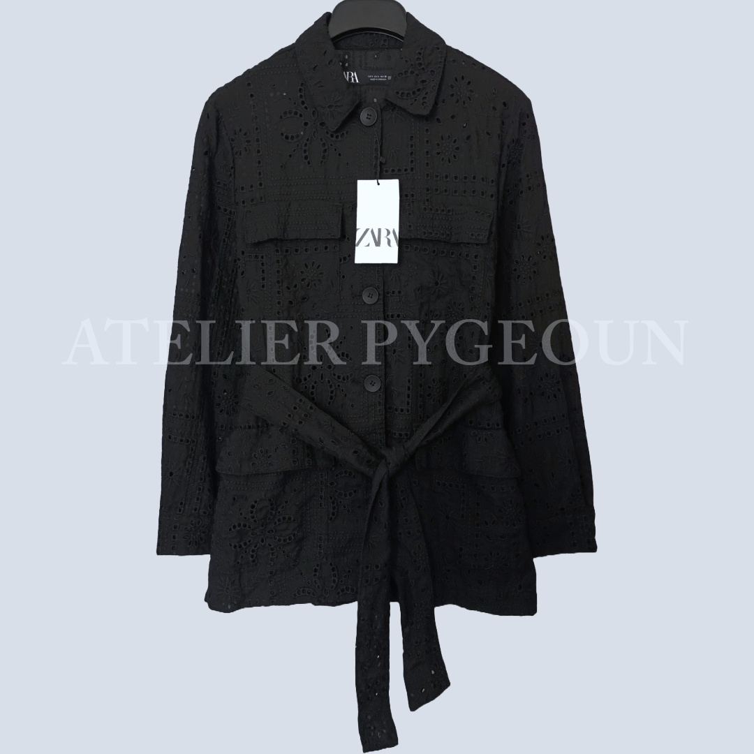 NWT ZARA Embroidered Eyelet Jacket w/ Tie Belt Pockets Black