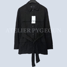 NWT ZARA Embroidered Eyelet Jacket w/ Tie Belt  Pockets Black 8372/095 Size S