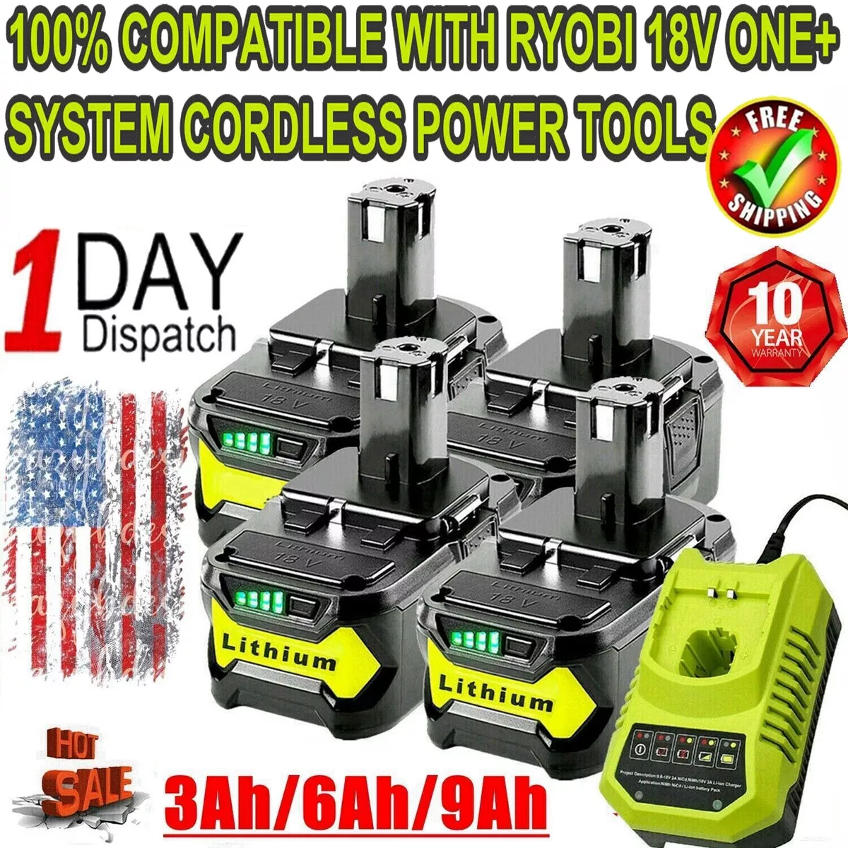 1 2 For Ryobi P190 One Plus 18V 6Ah 5Ah High Capacity Battery P102 P108 Lithium