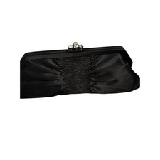 Franchi Black Satin Ruched Clutch Evening Bag Rhinestone Clasp Chain Strap