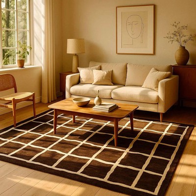 Hand Tufted Wool Rug | Brown Geometric Grid Modern Minimalist for home decor