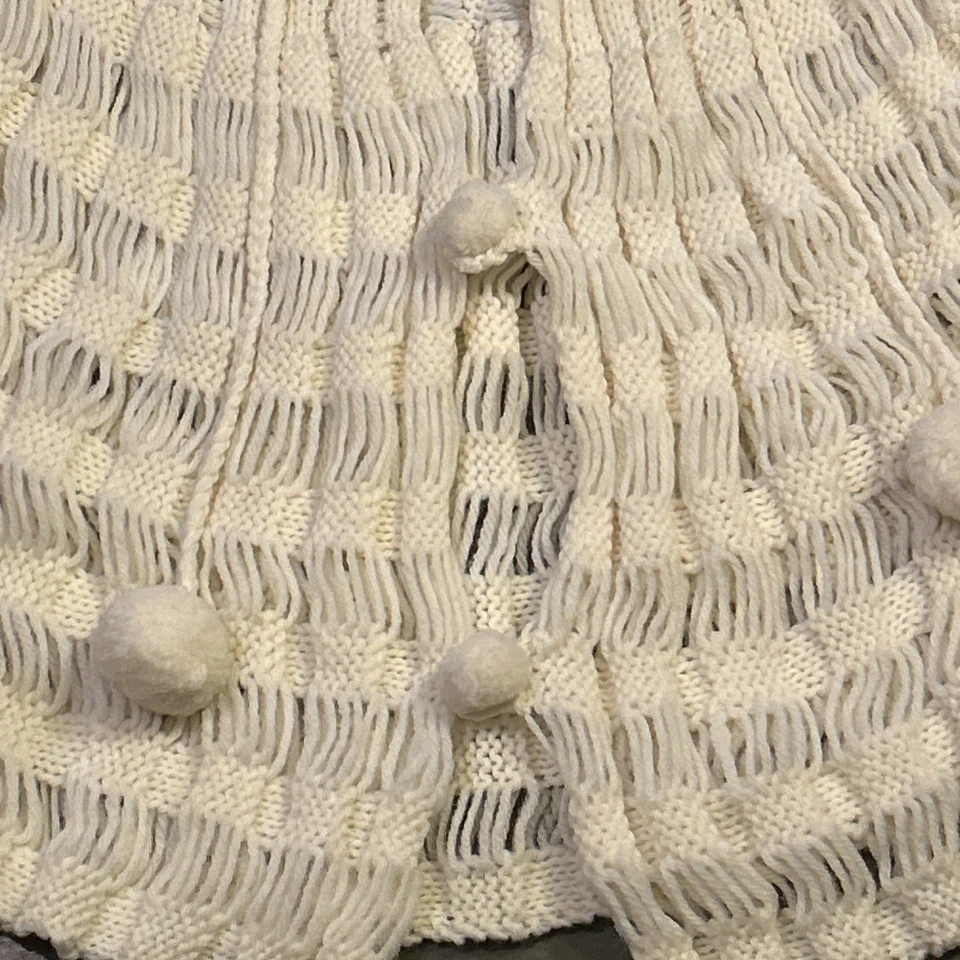 Vintage Cardigan Hand Knit Grannycore Open Knit Ivory Medium 1960's Pom Pom Cute - Image 3 of 4