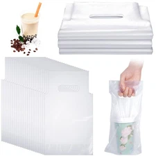200 Pcs Drink Carriers for Delivery Clear Plastic Bags with Handle for Poly
