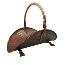 Vintage Brass Copper Kindling Basket Small Fireside Storage Lion Head Claw Feet 