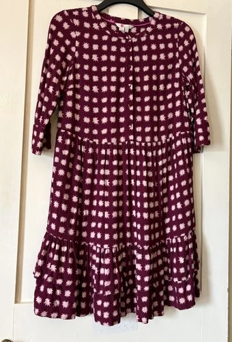 New Boden Cosy Wine Pink Mix Stars 3/4 Sleeve Easy Wear Tiered Dress UK10 L37"