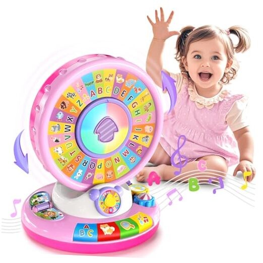 Toys for 1 2 3 Years Old Boys Girls, Musical Spin & Sing Alphabet Zoo Pink