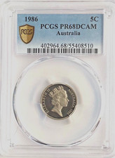 1986 5c PROOF Australian Graded PCGS PR68 a rare graded 5c coin, Free Post