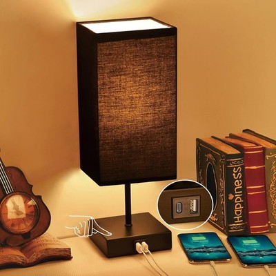 Bedside Table Lamp for Bedroom with 2 USB Ports, 14Inch, Black
