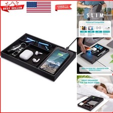 Elegant Faux Leather Valet Tray with Wireless Charging - Black Nightstand Org...
