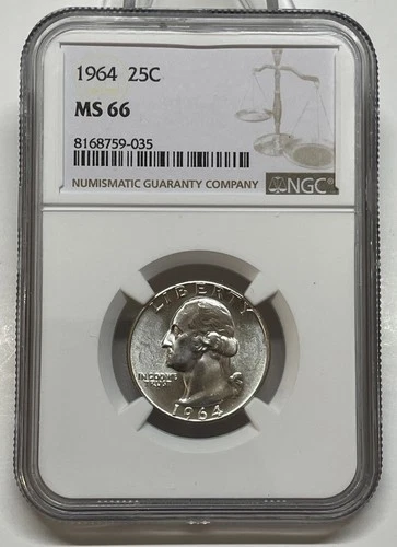 1964 Washington Quarter 25c NGC MS 66 Mint State Uncirculated Coin