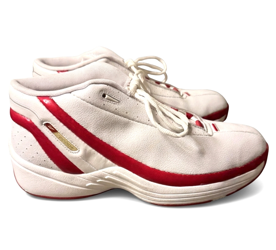 Zapatos de baloncesto Reebok Disciple para hombre blancos/rojos flamencos talla 12,5 EE. UU. de colección nuevos en caja