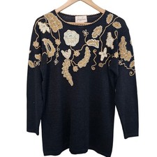 Vintage Floral Sweater Womens Lg Black Gold Glam Rock Knit Embellished Holiday