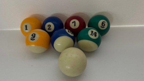 Vintage Replacement Billiard Pool Ball 2 1/4" Diameter Cue ball and 7 others