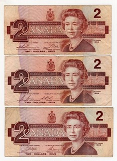 LOT OF 3 1986 BANK OF CANADA 2 DOLLAR BANKNOTES BIRDS ALL DIFFERENT SIGNATURES
