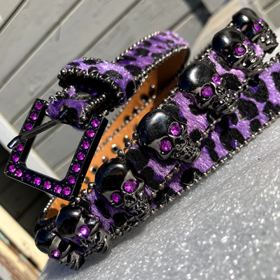 Y2K FUZZY LEOPARD PRINT SKULL BELT PURPLE GOTHIC RHINESTONE STUD PUNK BB GRUNGE