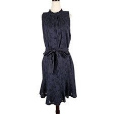 Ann Taylor Dress Womens 16 Navy Blue Cotton Eyelet Sleeveless Belted Fit Flare