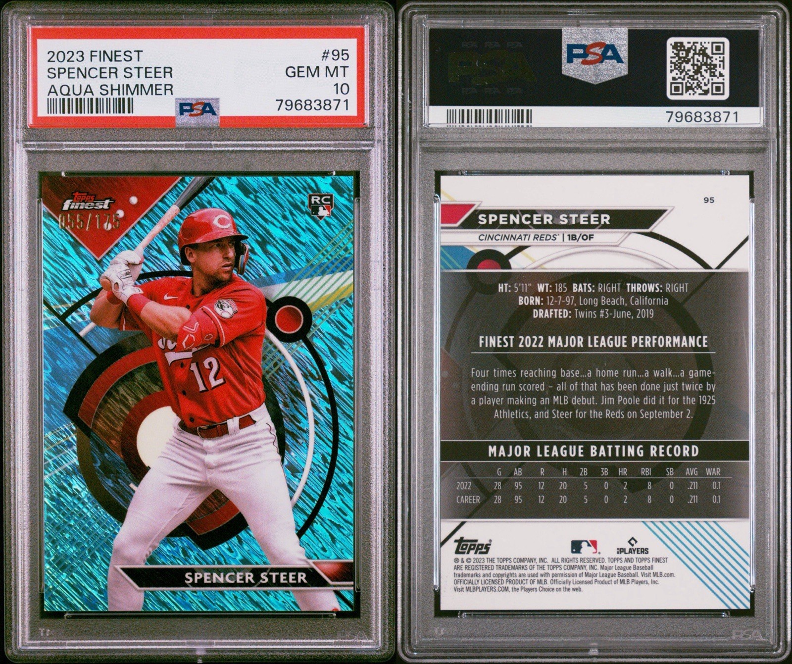 2023 Topps Finest - Spencer Steer #95 Aqua Shimmer Refractor /175 (RC) PSA 10