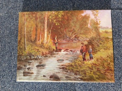 R. Radenjon. Boys Crossing County Down Original Öl auf Leinwand auf Keilrahmen gelegt