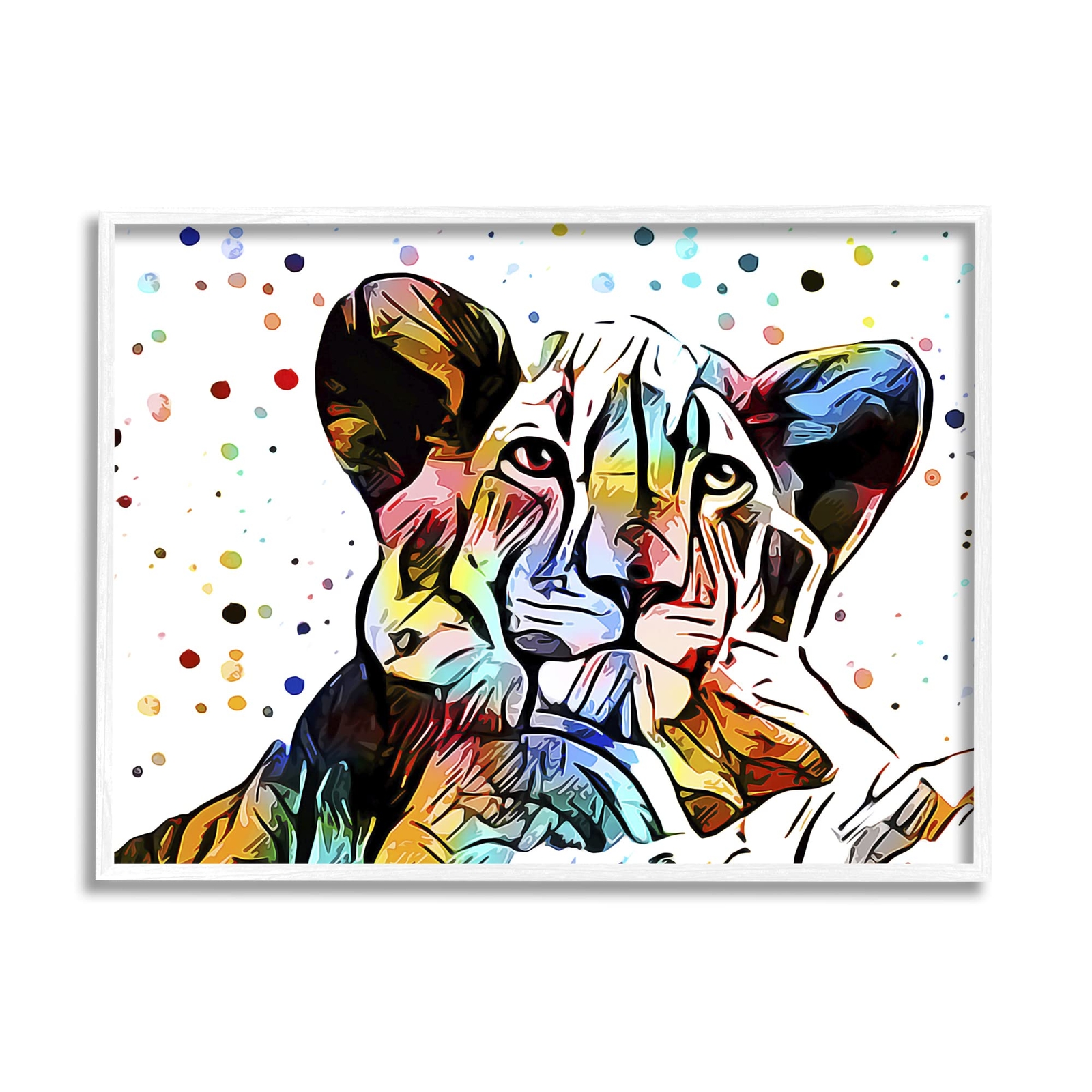 Abstract Lion Cub Portrait Vibrant Polka Dots White Framed Wall Art, 20 x 16,...