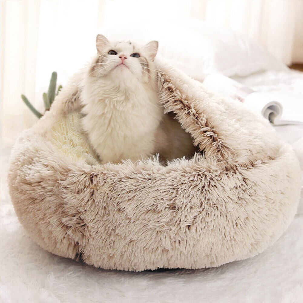 Fluffy Small Dog Bed Cat Cave Donut Calming Pet Warm Plush Nest Kennel  House Mat