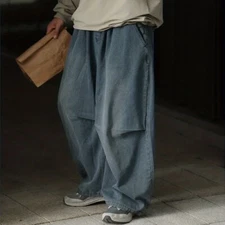Japanese loose retro washed wide-leg jeans elastic waist pants Blue (60% Cotton)