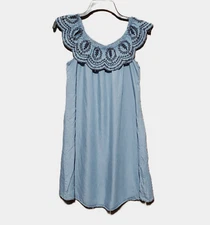 Signature Studio M Dress Women's Shift Embroidered Ruffle Blue Chambray