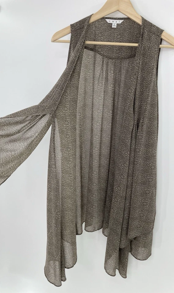 Chaleco túnica suéter CAbi para mujer marrón estampado geométrico de gasa talla L, defectuoso Foto 3 de 4