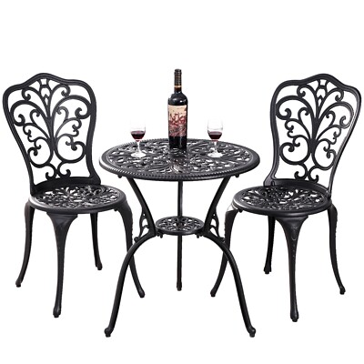 3 Piece Cast Aluminum Bistro Patio Table and 2 Chairs Garden Set
