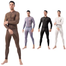 Men's Transparent Mesh Long Sleeves Zentai Stretchy Catsuit Bodysuit Night Club