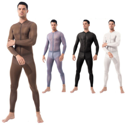 Men's Transparent Mesh Long Sleeves Zentai Stretchy Catsuit Bodysuit Night Club