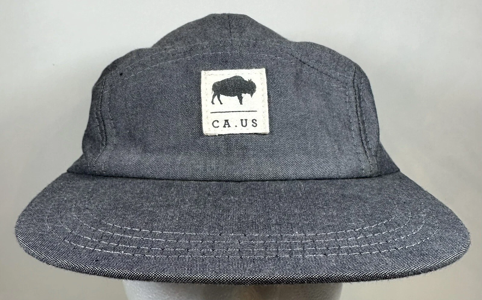 CA US Hat Buffalo Patch Camp Cap 5 Panel Gray Brown Leather Strap Beach Skate